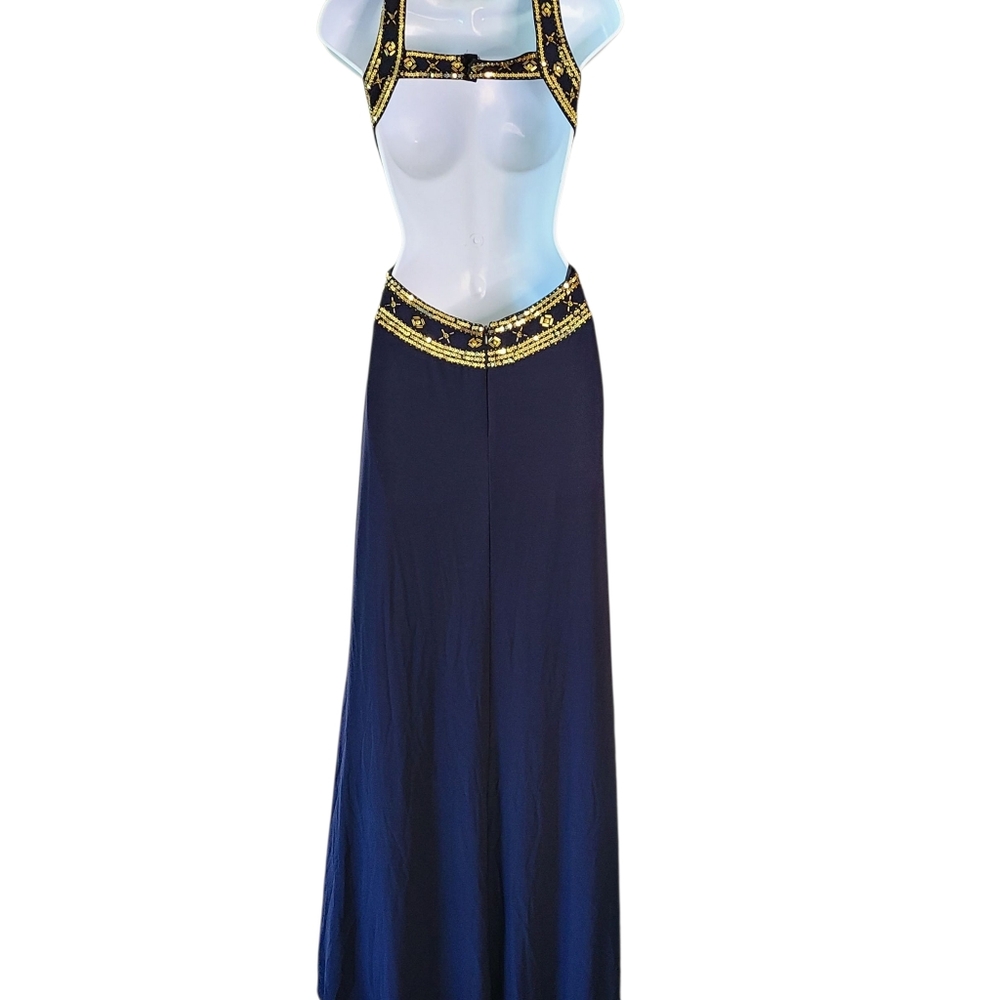 Betsy & Adam Navy and Gold Evening Gown Formal Size 2 Backless Classy Prom - Picture 6 of 7